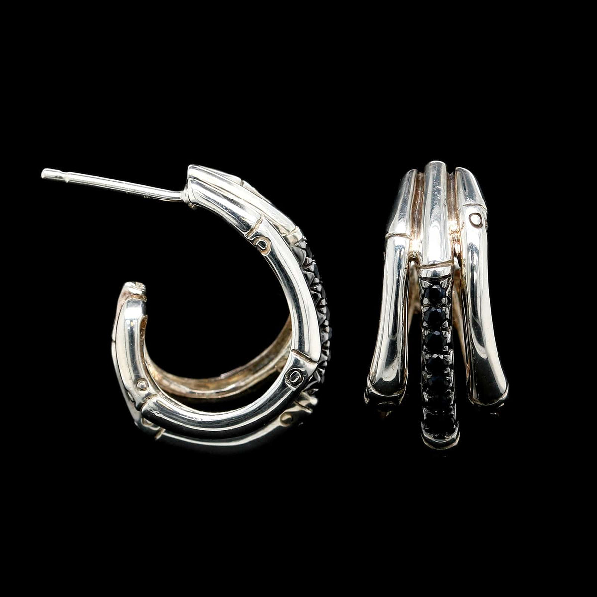 John Hardy Sterling Silver Estate Black Diamond Bamboo Hoop Earrings