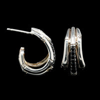 John Hardy Sterling Silver Estate Black Diamond Bamboo Hoop Earrings