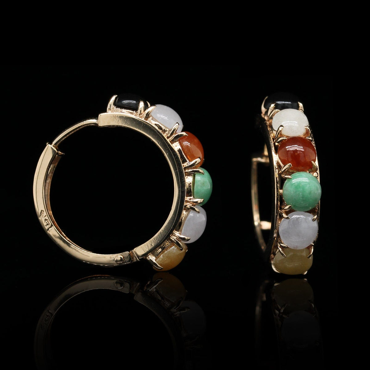 14K Yellow Gold Estate Multi Colored Jade Hoop Earrings