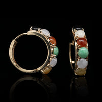 14K Yellow Gold Estate Multi Colored Jade Hoop Earrings