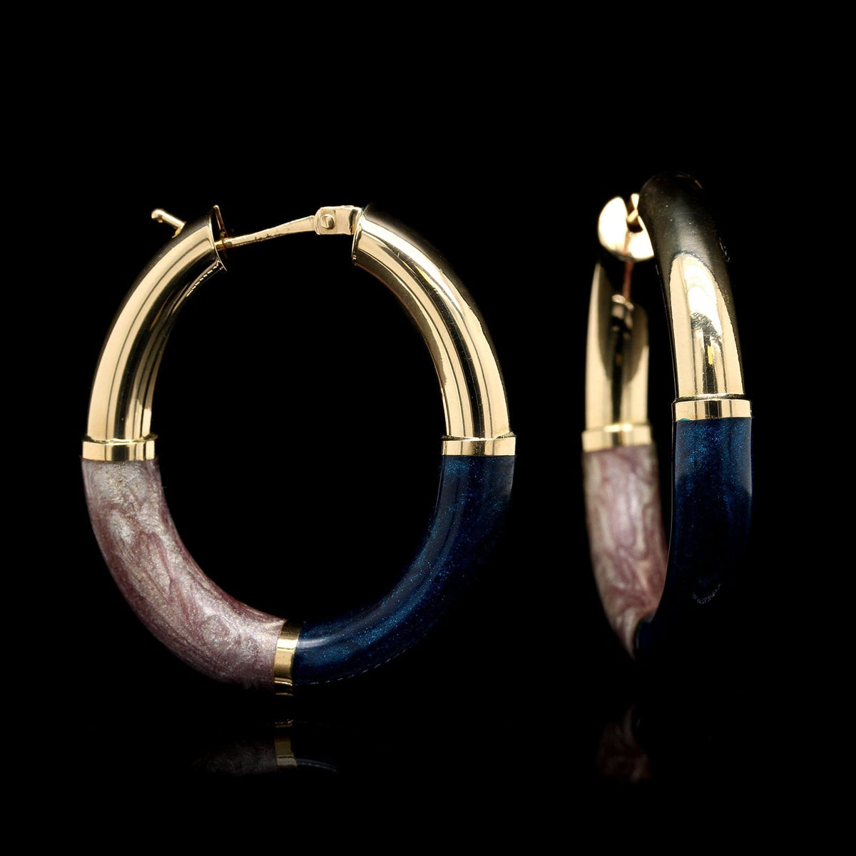 18K Yellow Gold Estate Enamel Oval Hoop Earrings