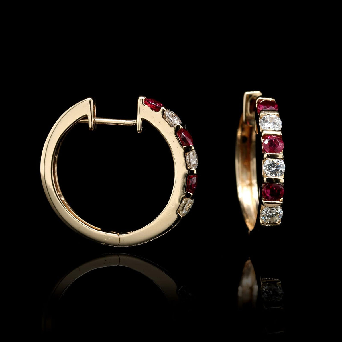 18K Yellow Gold Estate Ruby and Diamond Hoops