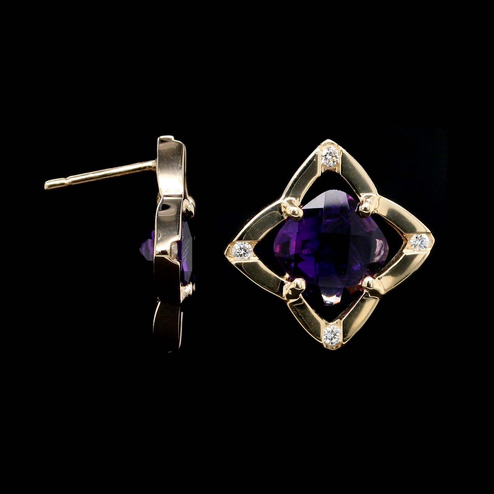 14K Yellow Gold Estate Amethyst and Diamond Earrings