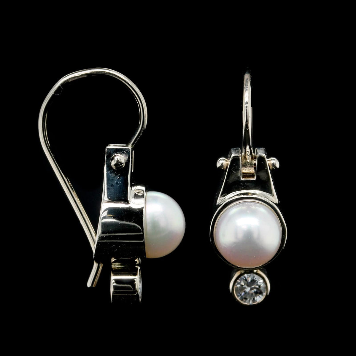14K White Gold Estate Cultured Pearl and Diamond Drop Earrings