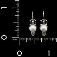 14K White Gold Estate Cultured Pearl and Diamond Drop Earrings