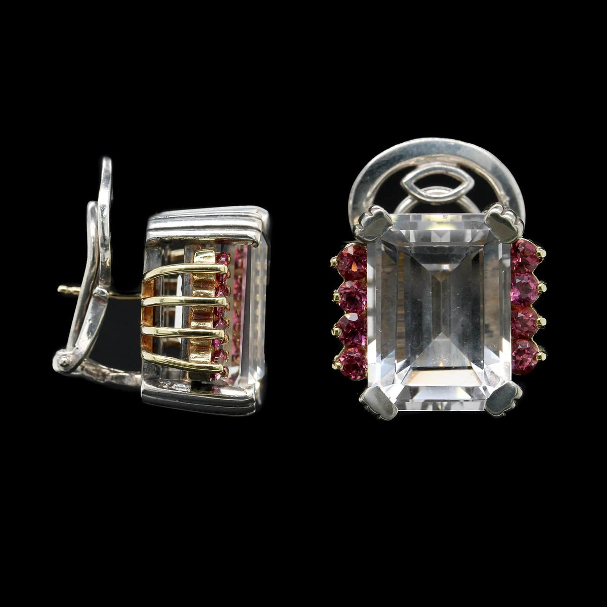 Lagos Caviar Sterling Silver and 18K Yellow Gold Estate White Topaz and Pink Tourmaline Earrings