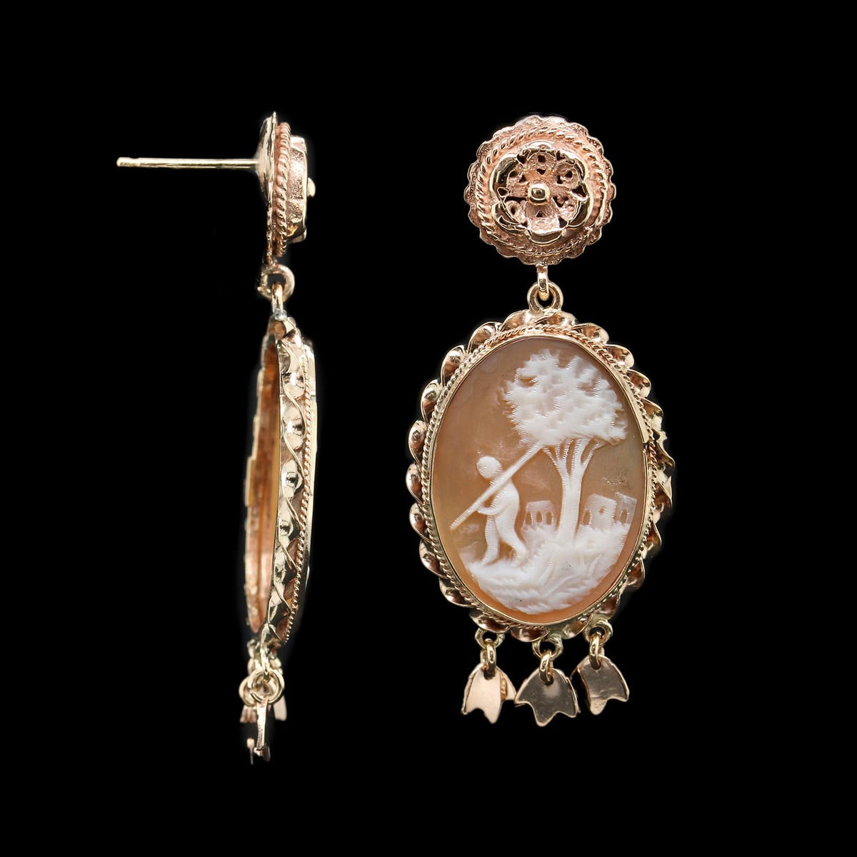 Vintage 14K Yellow Gold  Estate Cameo Drop Earrings