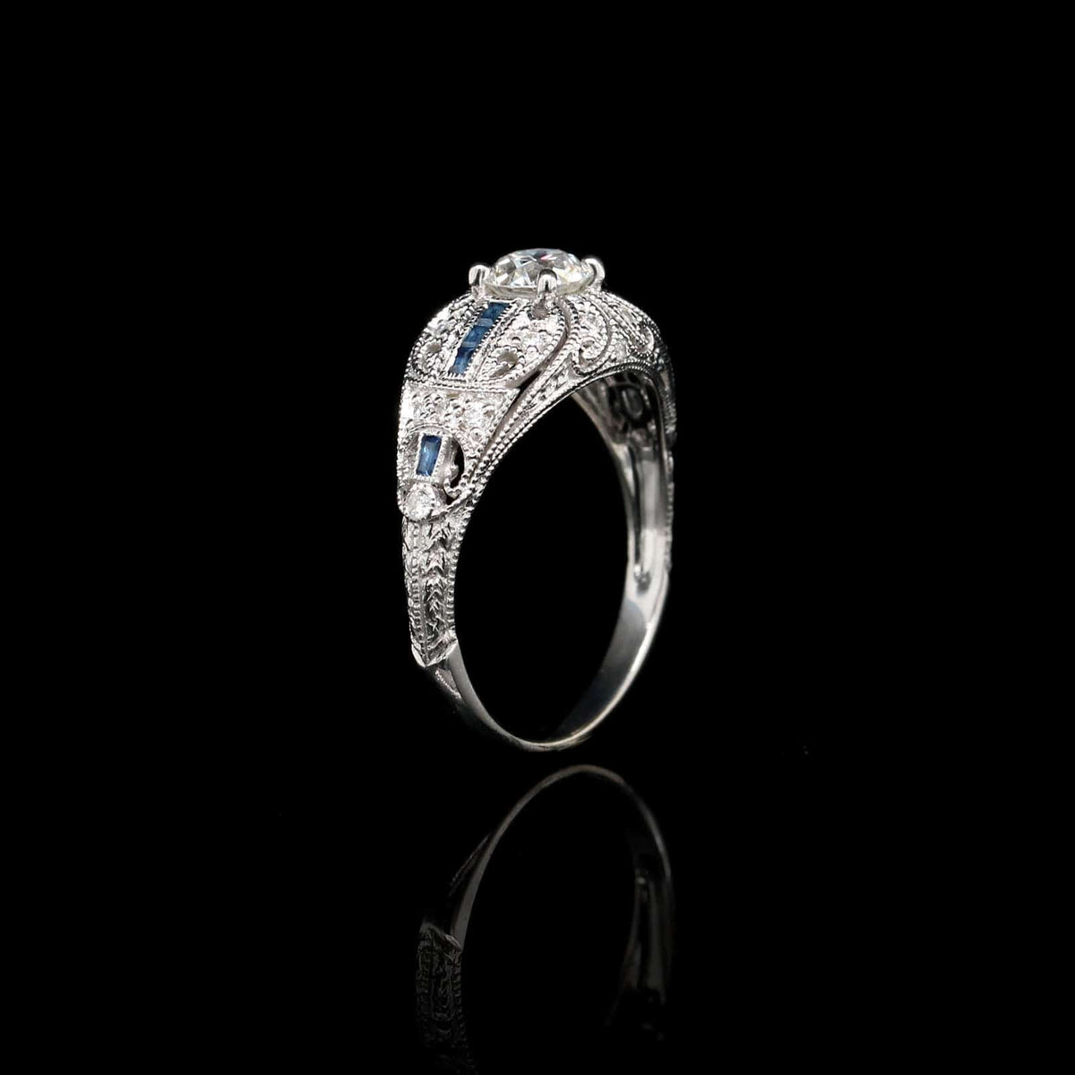 Vintage Style 14K White Gold Estate Diamond and Sapphire Engagement Ring