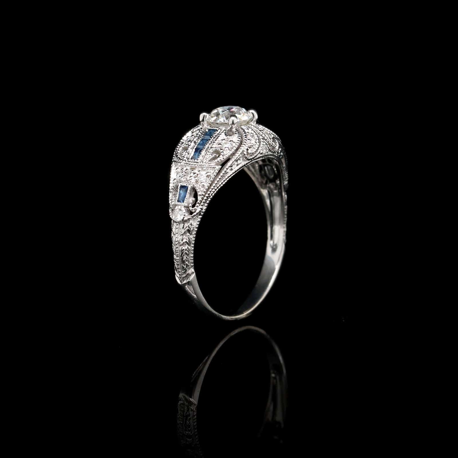Vintage Style 14K White Gold Estate Diamond and Sapphire Engagement Ring