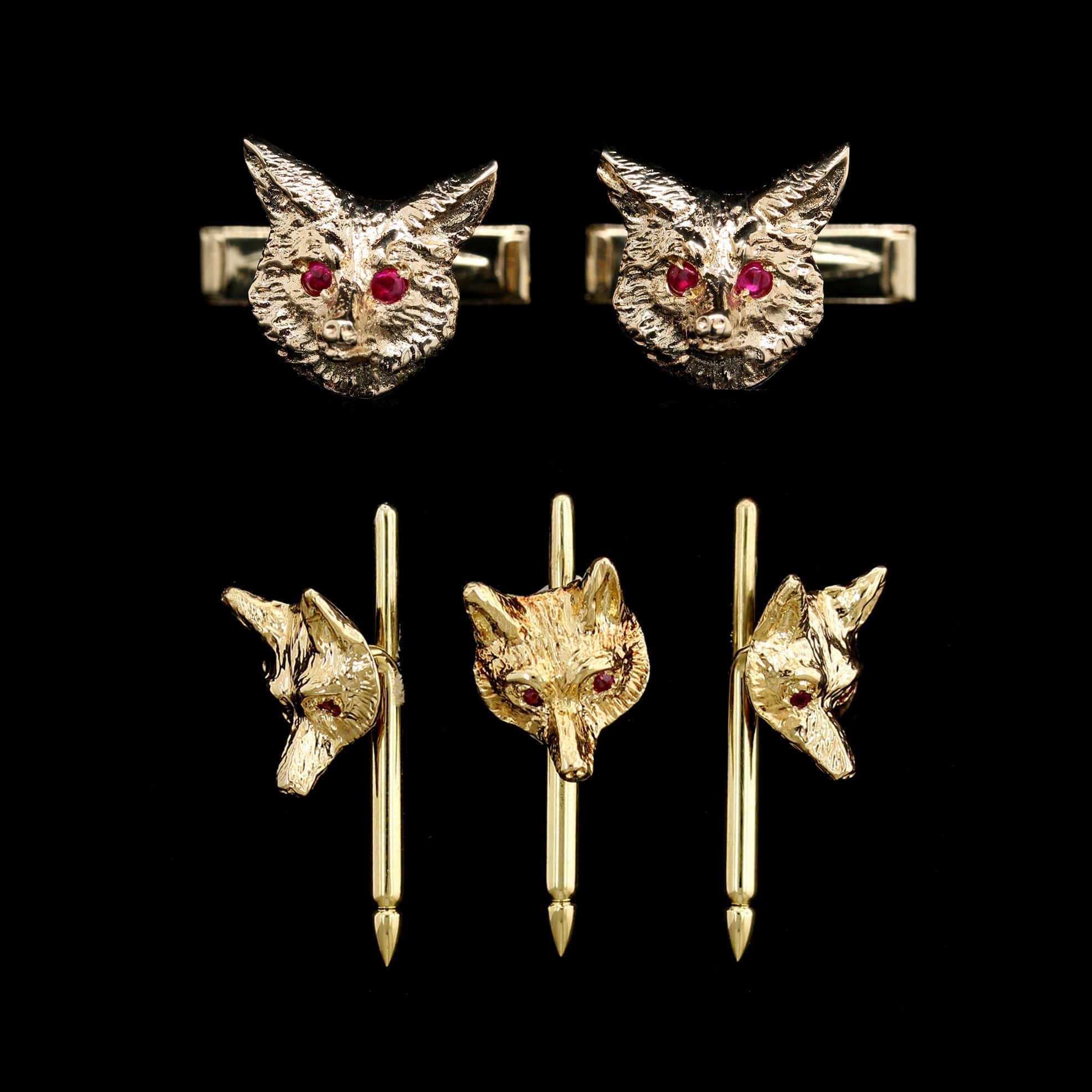 14K Yellow Gold Estate Fox Cufflink and Shirt Stud Set