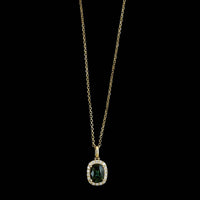 14K Yellow Gold Estate Green Sapphire and Diamond Halo Pendant Necklace