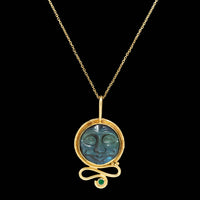 Daniel Spirer 18K and 22K Yellow Gold Spectrolite Carved Moon Face and Emerald Pendant