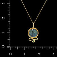 Daniel Spirer 18K and 22K Yellow Gold Spectrolite Carved Moon Face and Emerald Pendant