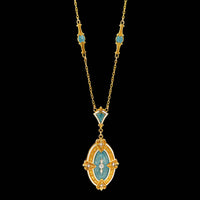 Antique 14K Yellow Gold Estate Diamond and Pearl Guilloche Enamel Necklace