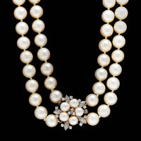 14K White Gold Estate Cultured Pearl and Diamond Necklace