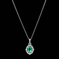 14K White Gold Estate Emerald and Diamond Pendant Necklace