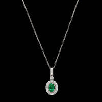 14K White Gold Estate Emerald and Diamond Pendant Necklace