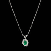 14K White Gold Estate Emerald and Diamond Pendant Necklace