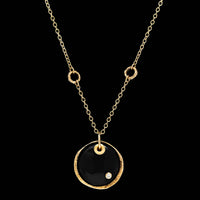 14K Yellow Gold Estate Onyx and Diamond Pendant Necklace