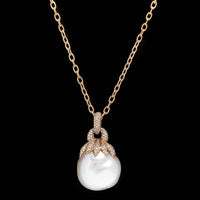 18K Rose Gold Estate Cultured Baroque Pearl and Diamond Pendant Necklace