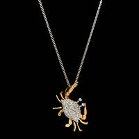14K Two-tone Gold Estate Movable Diamond Pave Crab Pendant Necklace