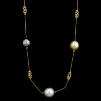 14K Yellow Gold Estate Cultured Baroque Multicolor Pearl and Diamond Necklace