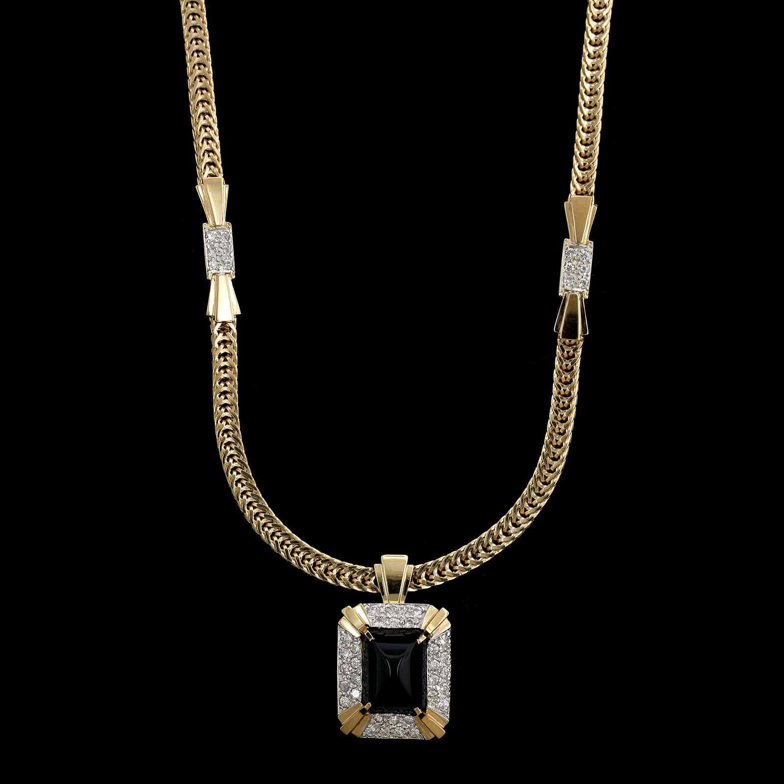 14K Yellow Gold Estate Onyx and Diamond Necklace
