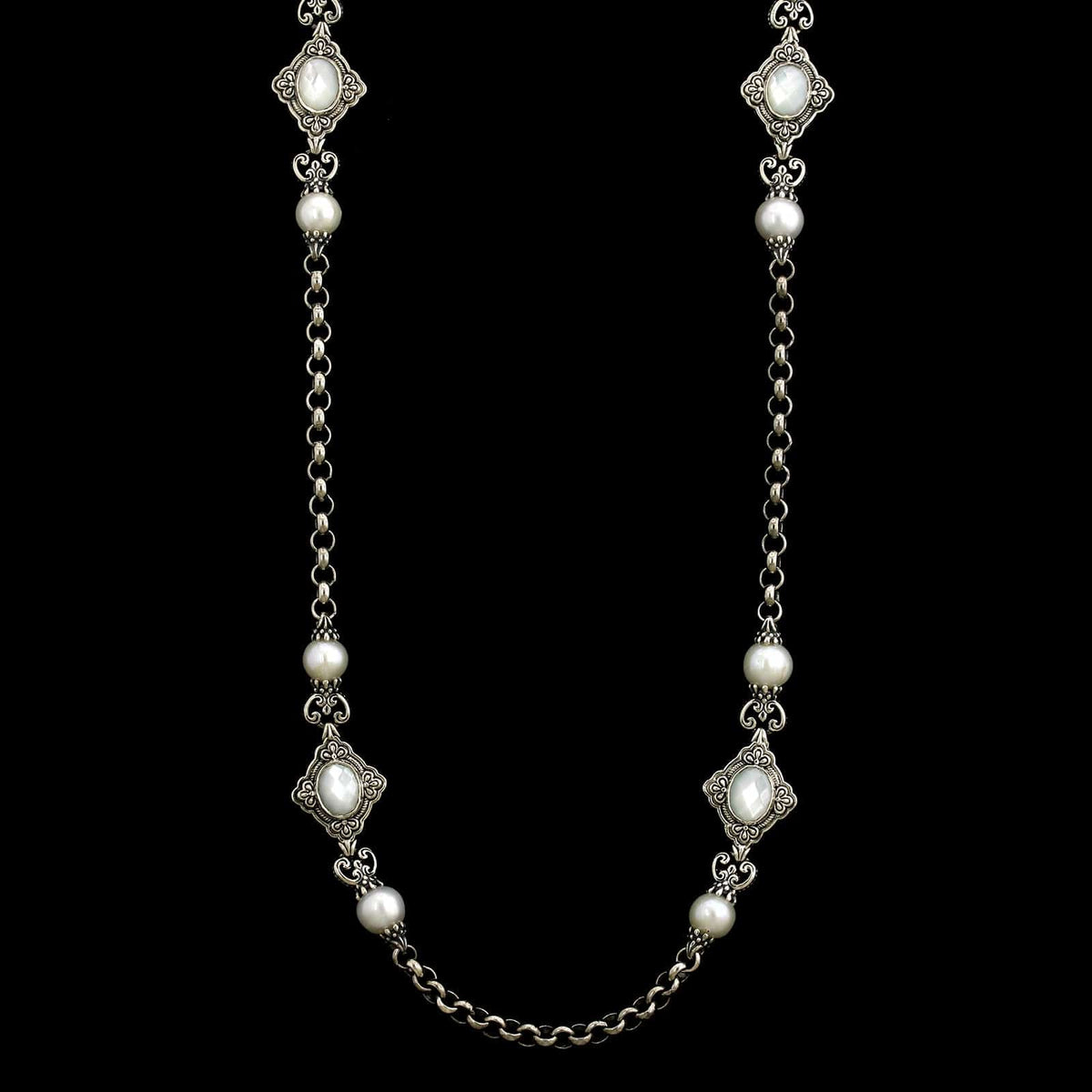 Konstantino Sterling Silver Estate Mother of Pearl and Cultured Freshwater Pearl Necklace