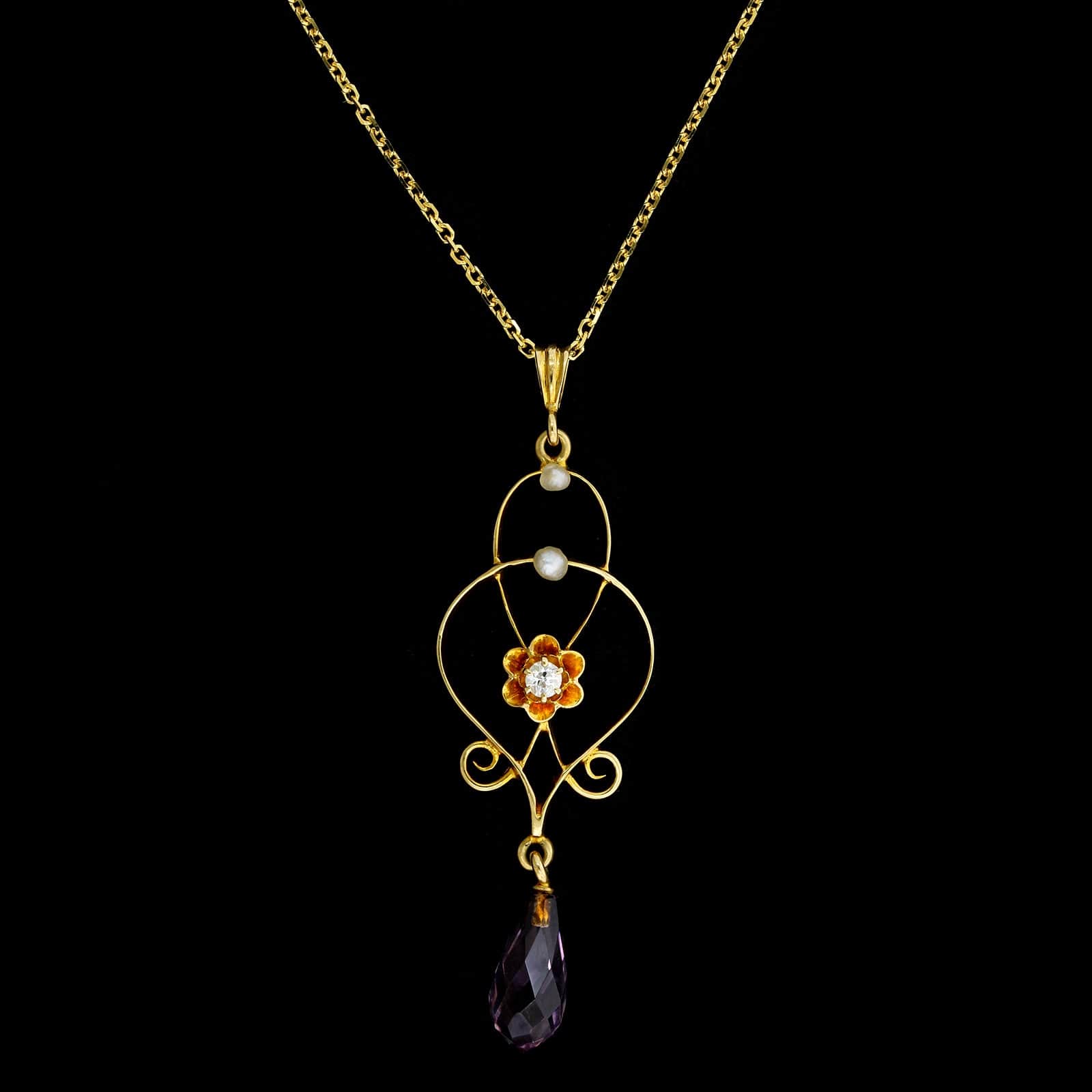 Vintage 14K Yellow Gold Estate Gem-set Lavalier Pendant