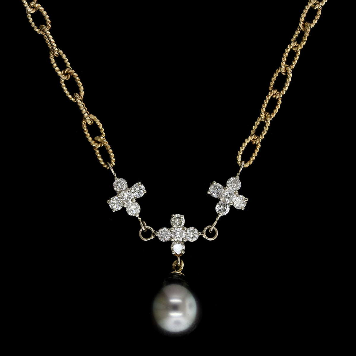 14K Yellow Gold Estate Cultured Black South Sea Pearl and Diamond Necklace