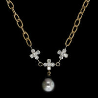 14K Yellow Gold Estate Cultured Black South Sea Pearl and Diamond Necklace