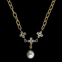14K Yellow Gold Estate Cultured Black South Sea Pearl and Diamond Necklace