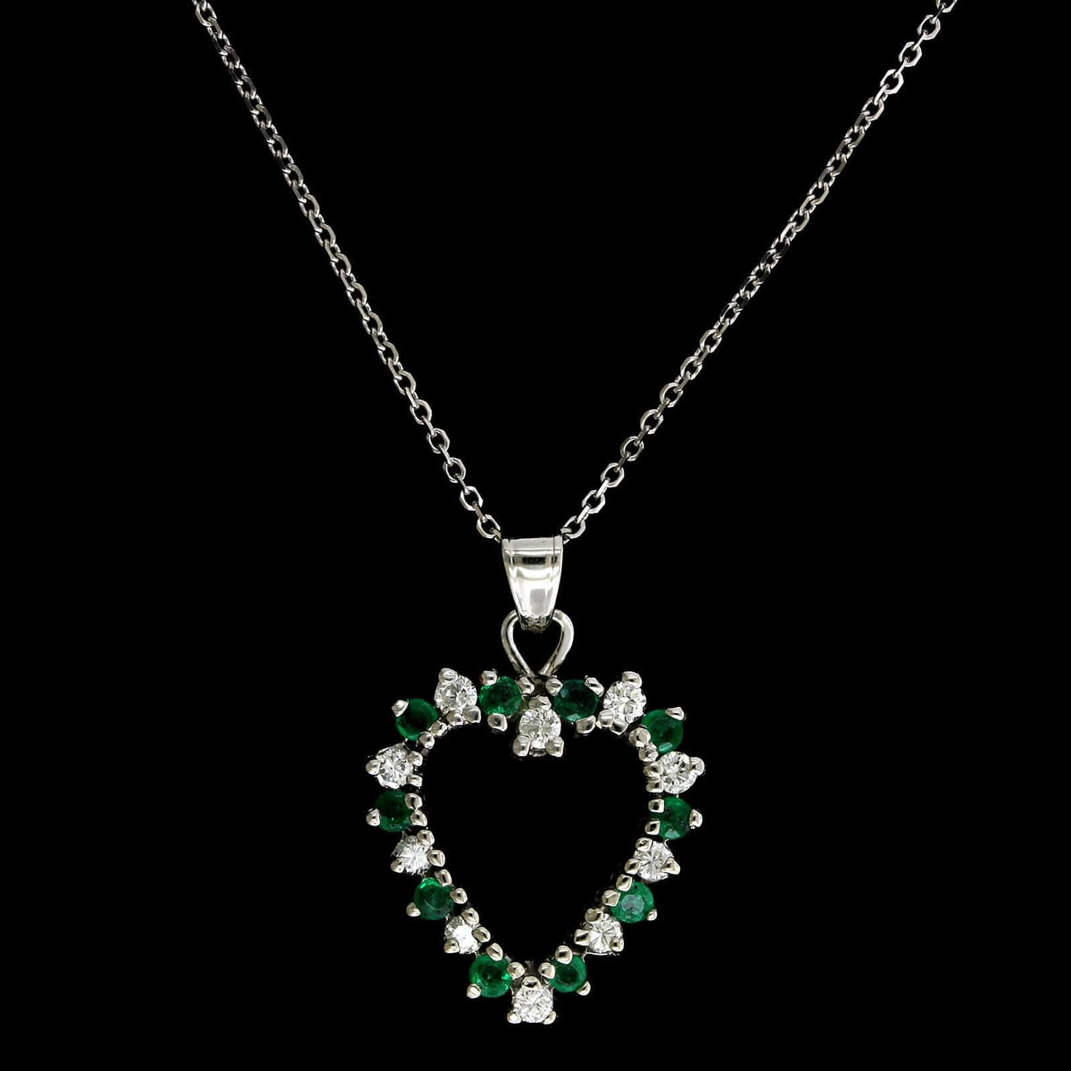 14K White Gold Estate Emerald and Diamond Heart Pendant