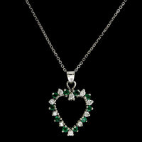 14K White Gold Estate Emerald and Diamond Heart Pendant