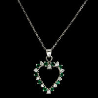 14K White Gold Estate Emerald and Diamond Heart Pendant