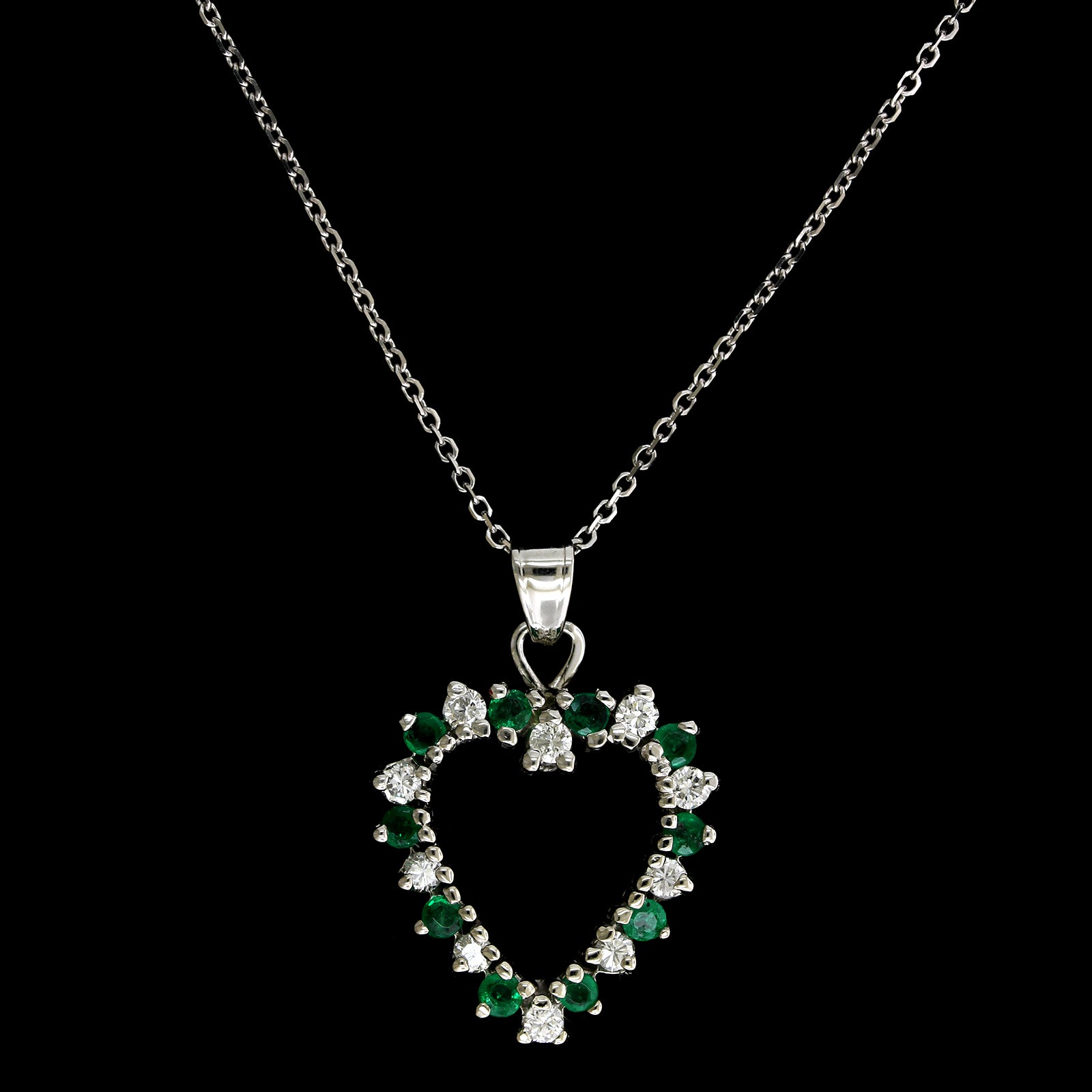 14K White Gold Estate Emerald and Diamond Heart Pendant