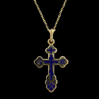 14K Yellow Gold Estate Blue Enamel Orthodox Cross Pendant Necklace