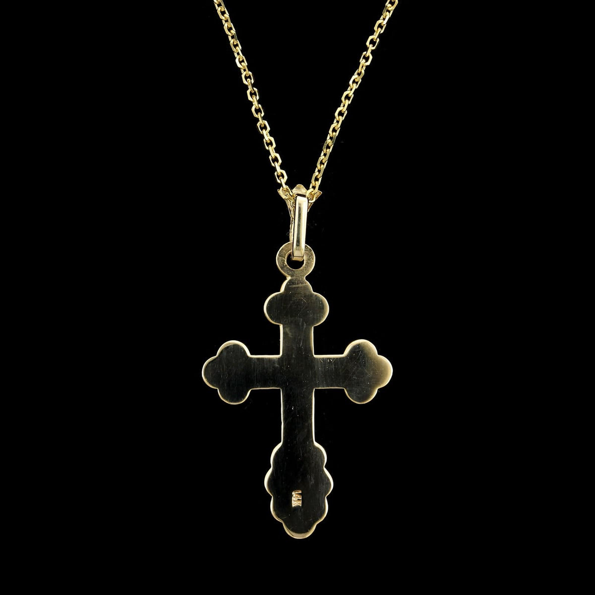 14K Yellow Gold Estate Blue Enamel Orthodox Cross Pendant Necklace