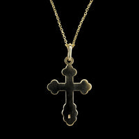 14K Yellow Gold Estate Blue Enamel Orthodox Cross Pendant Necklace