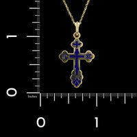 14K Yellow Gold Estate Blue Enamel Orthodox Cross Pendant Necklace
