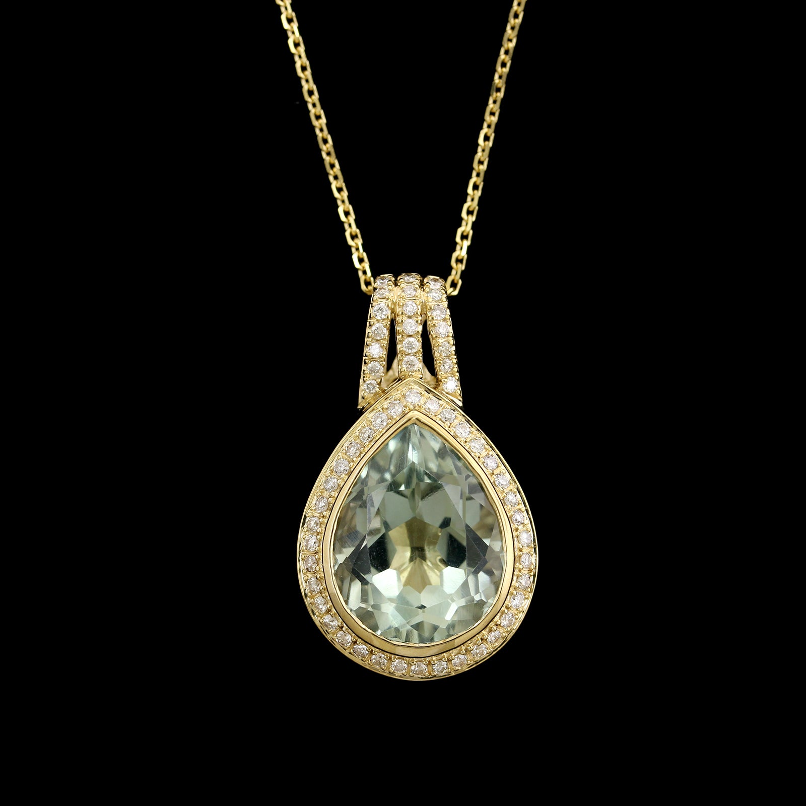 14K Yellow Gold Estate Prasiolite and Diamond Pendant Necklace
