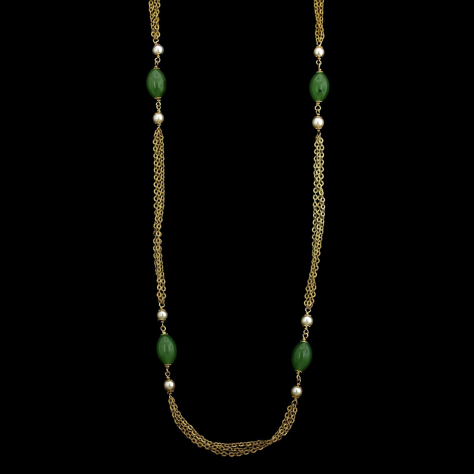 18K Yellow Gold Estate Nephrite Jade and Cultured Pearls Necklace