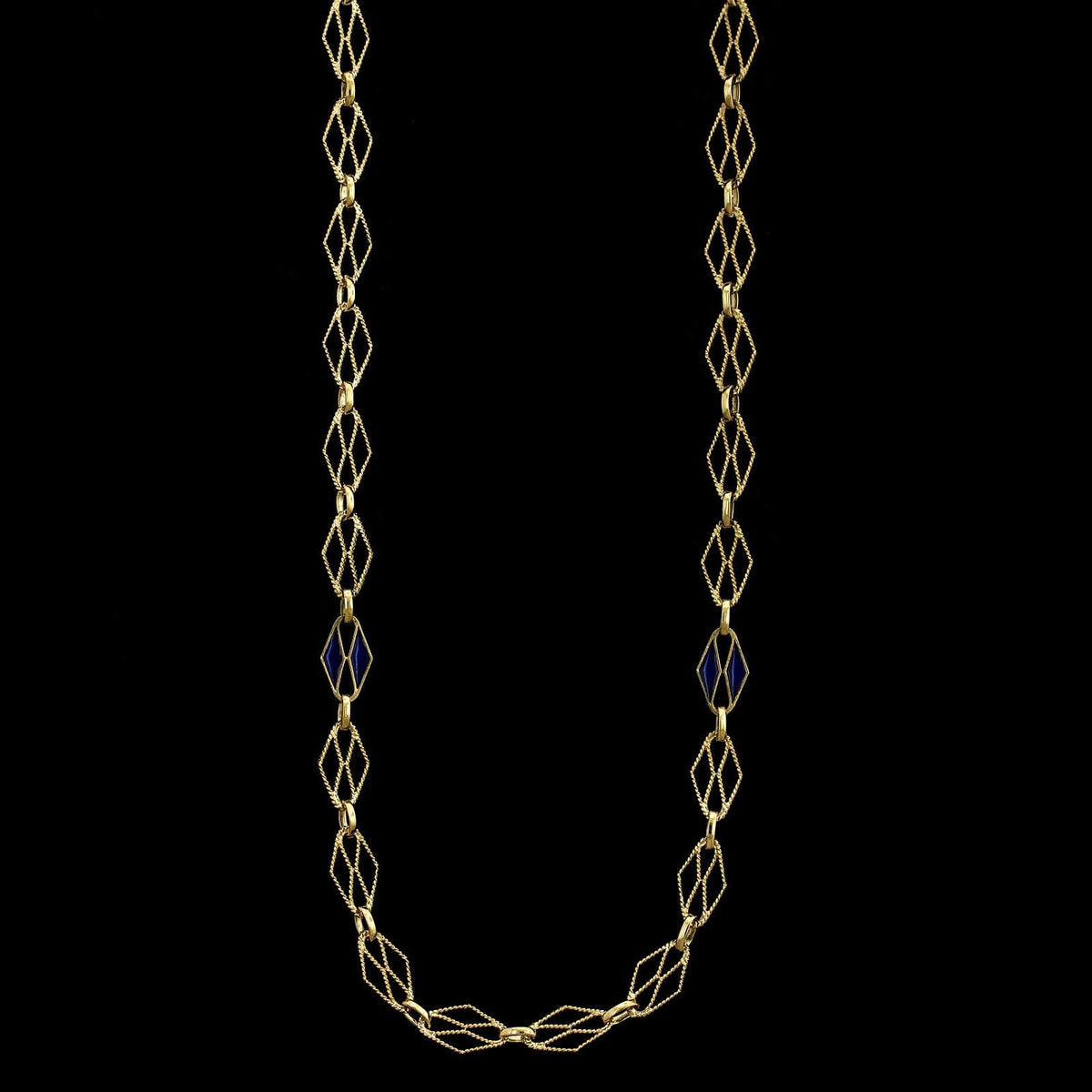 18K Yellow Gold Estate Fancy Link Blue Enamel Necklace