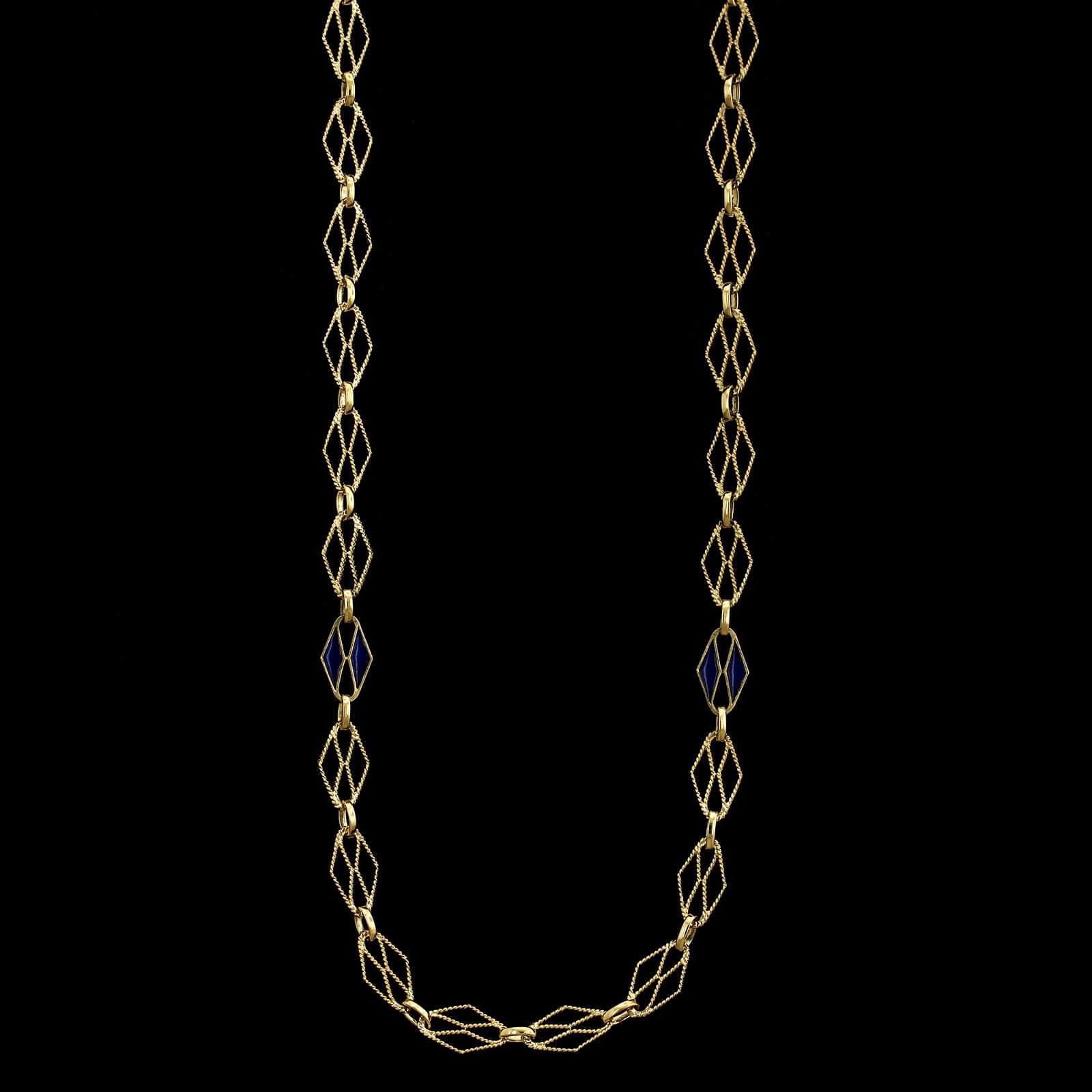 18K Yellow Gold Estate Fancy Link Blue Enamel Necklace