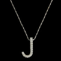 14K White Gold Estate Diamond J Initial Pendant Necklace