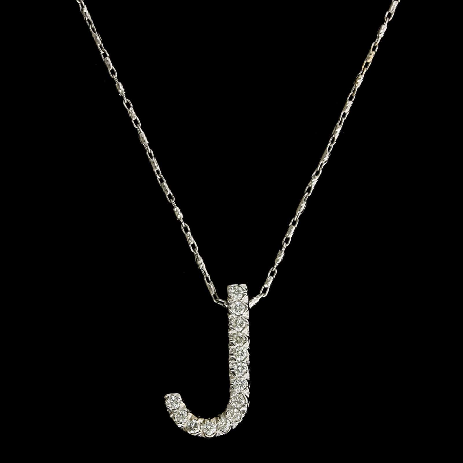 14K White Gold Estate Diamond J Initial Pendant Necklace