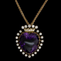 Vintage 14K Yellow Gold Estate Amethyst and Diamond Heart Pendant