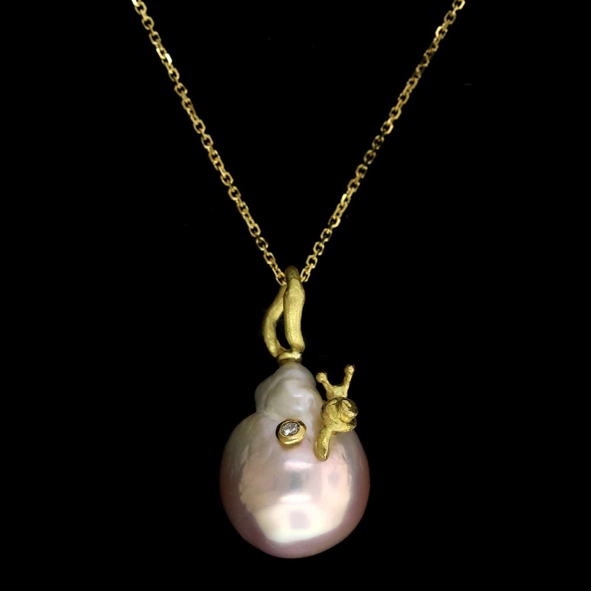 Lene Vibe 18K Yellow Gold Estate Cultured South Sea Pearl and Diamond Snail Pendant