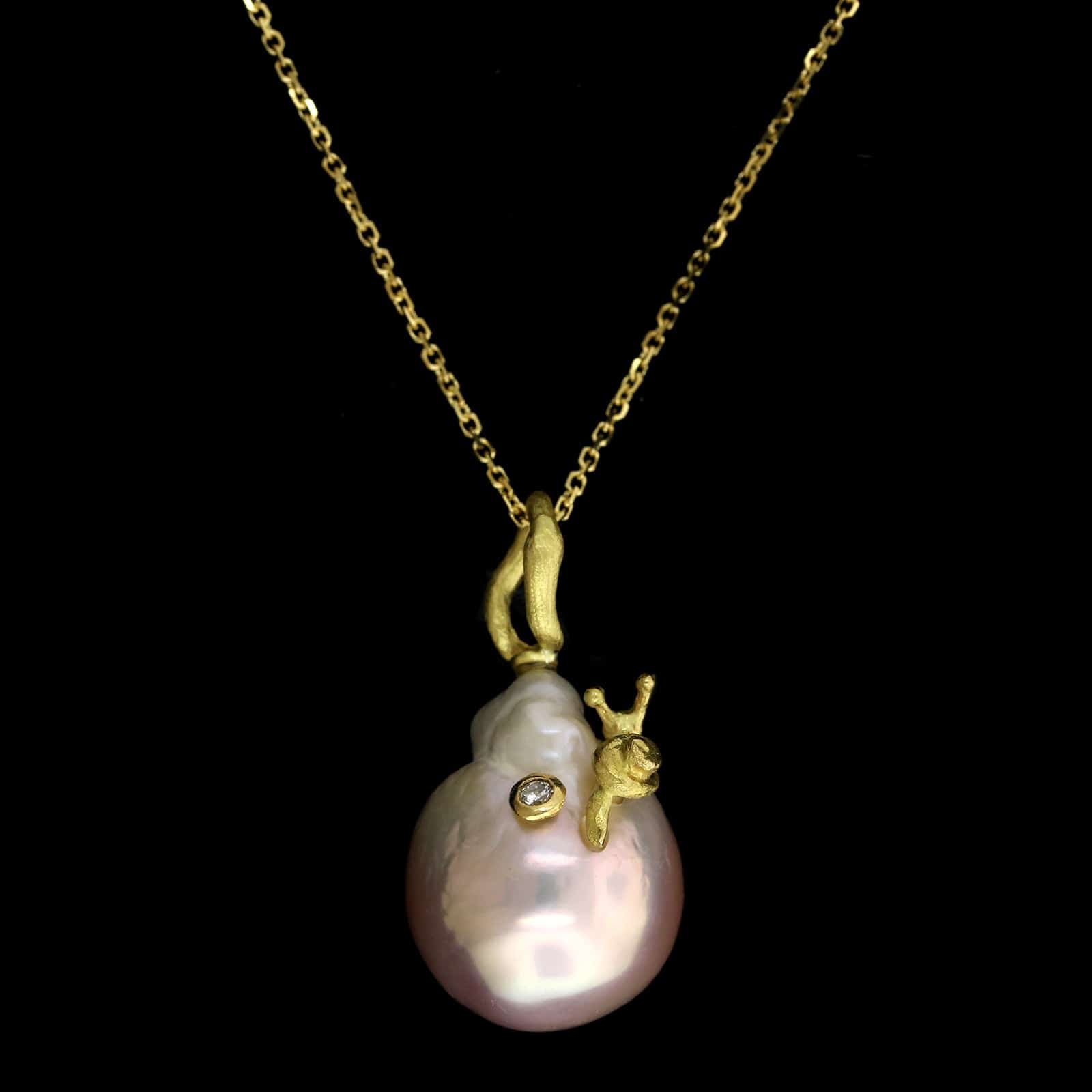 Lene Vibe 18K Yellow Gold Estate Cultured South Sea Pearl and Diamond Snail Pendant
