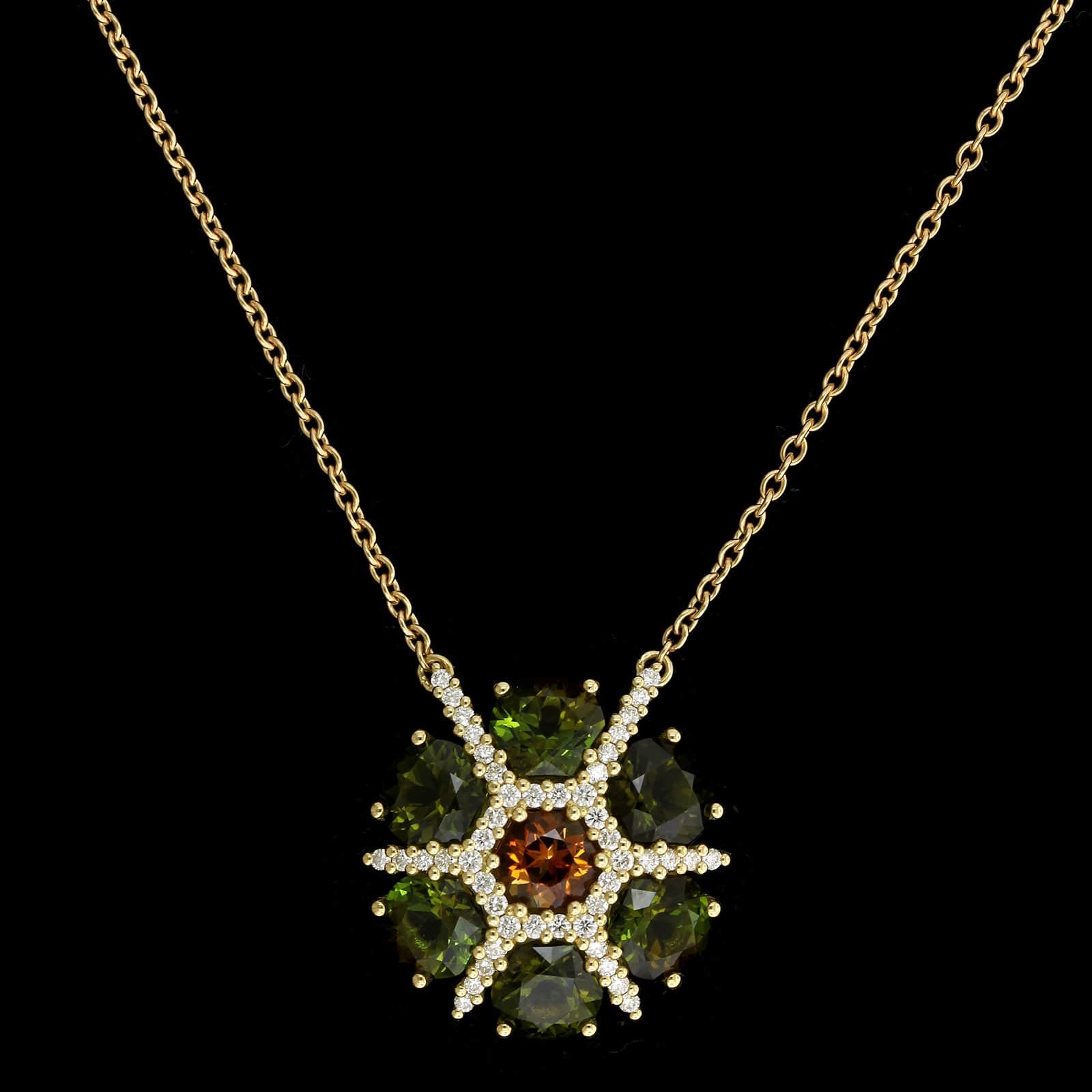Paul Morelli 18K Yellow Gold Estate Tourmaline and Diamond Fleurette Pendant